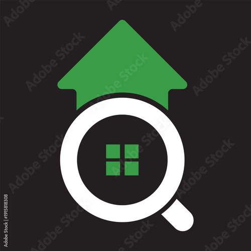 Home Search Icon With Green Roof and Magnifying Glass Symbol For Real Estate and Housing.