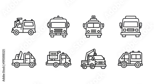 Set of eight black outline utility and service truck icons in front and side views, perfect for transport, construction, and industrial design projects