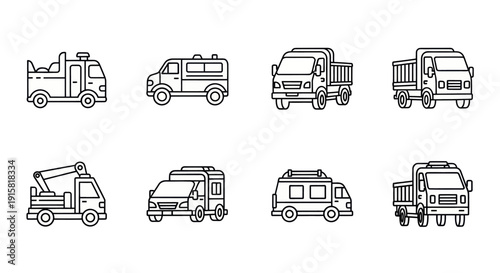 Set of eight black and white line art utility and service trucks icons, including dump trucks, camper vans, and tow trucks, ideal for industrial design projects