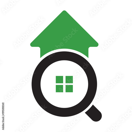 Home Search Icon With Green Roof and Magnifying Glass Symbol For Real Estate and Housing.