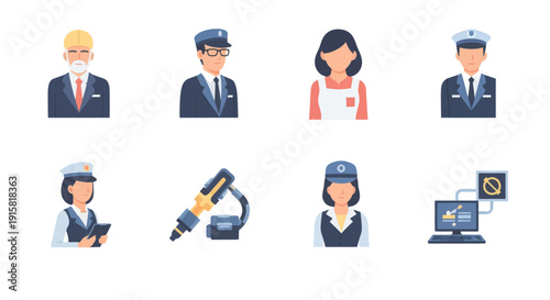 Set of maritime and nautical profession icons including captain, sailor, engineer, and ship inspector with related equipment and technology, ideal for shipping and marine use