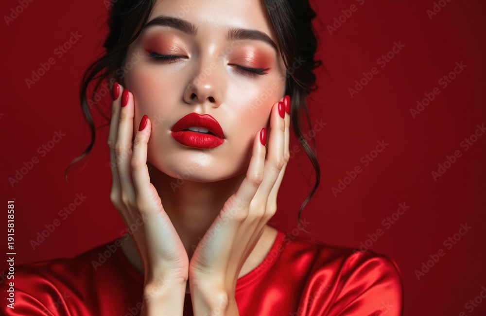Fototapeta premium Woman with bold red makeup and nails. She wears a red satin dress. Her face is framed by her hands. Eyes closed, she shows off perfect skin and full lips.