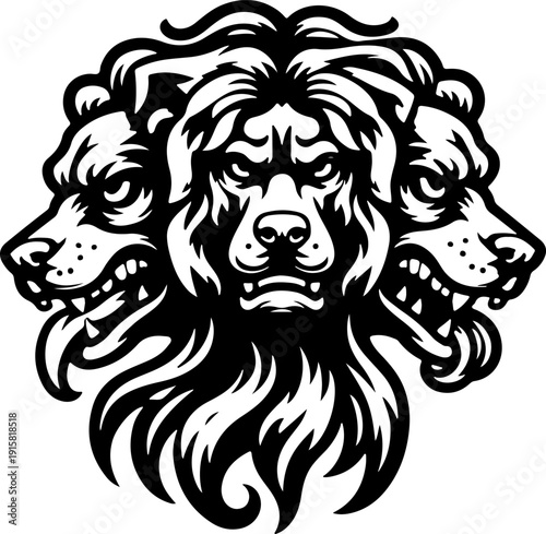 Digital Ink Drawing of the Legendary Watchdog of the Underworld, Featuring Dynamic Fur Texture and Piercing Gaze, Great for Apparel and Poster Prints 