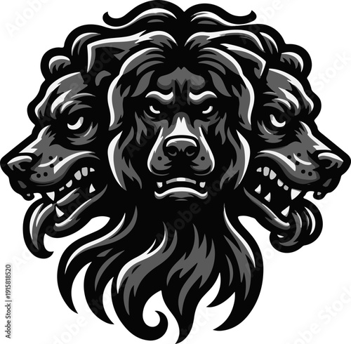 Digital Ink Drawing of the Legendary Watchdog of the Underworld, Featuring Dynamic Fur Texture and Piercing Gaze, Great for Apparel and Poster Prints