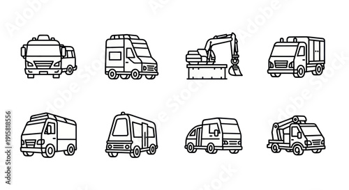 Black and white line art icons of various utility and construction vehicles including truck, camper, excavator, and service van, perfect for design and illustration projects