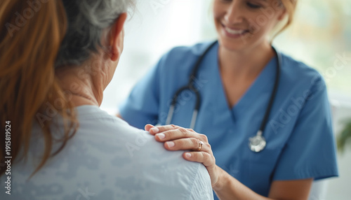 A compassionate female healthcare worker comforting a senior patient in a clinical setting. : Photos for World Health Day