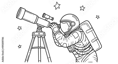 Astronaut looking through a telescope at stars in outer space, line art illustration