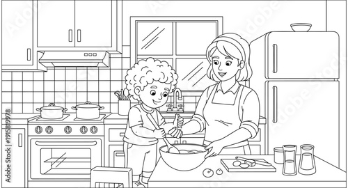 Mother and child happily cooking together in a kitchen, learning culinary skills