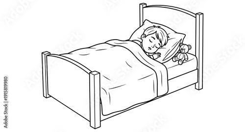 Young boy peacefully sleeping in bed with his teddy bear beside him