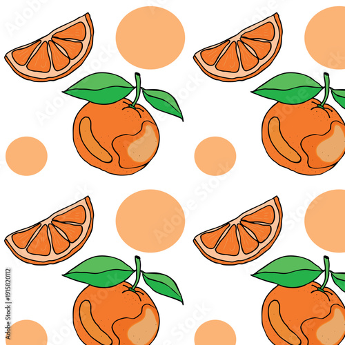 Seamless pattern with whole tangerines and orange slices. Vector citrus fruit background with polka dots and green leaves.
