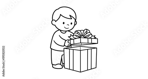 Cute cartoon boy opening a surprise gift box with a bow, black and white line art
