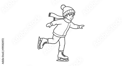 Joyful child ice skating gracefully on a frozen pond during winter season