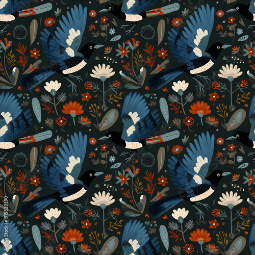 Seamless Pattern of Azure-Winged Magpies Cyanopica cyanus in Flight Among Wildflowers, Rich Botanical folk Illustration with Deep Green Background and Vibrant Blue-Orange Palette