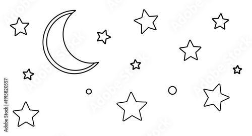 Simple outline of a crescent moon and stars on a white background