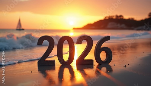 Large numbers form 2026 on sandy beach during golden sunset. Waves lap shore near distant sailboat on calm ocean water. Hillside landscape marks coast.