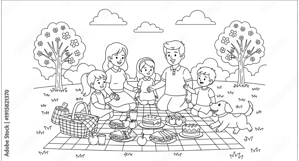 Fototapeta premium Happy family enjoying a picnic with their dog in a park with trees and clouds