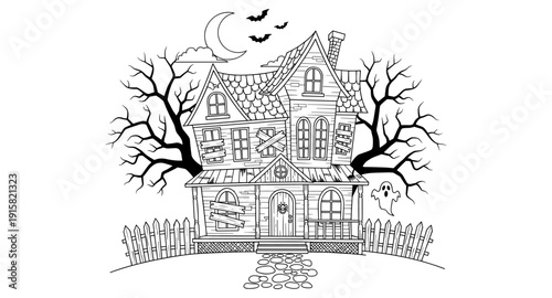 Spooky haunted house with bare trees, bats, moon, and a ghost on Halloween night