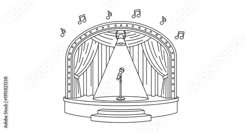 Spotlight on a microphone on stage with musical notes floating above