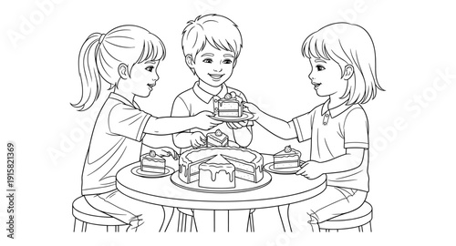 Three happy children sharing slices of cake at a round table, black and white illustration