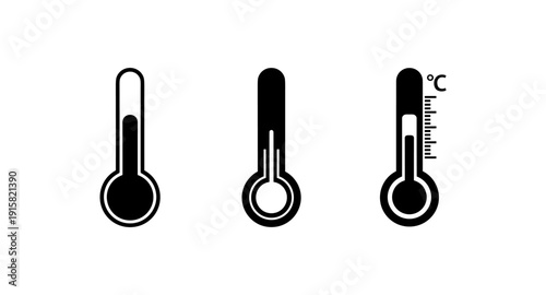 Set of three black thermometer icons showing different temperature readings on a white background