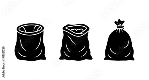 Collection of three black silhouette icons representing different types of bags