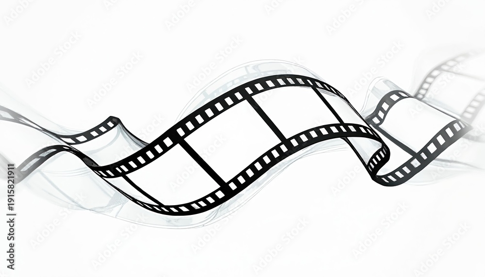 Fototapeta premium Abstract black film strip with empty frames curves smoothly against white background. Vintage motion picture reel implies creativity and media production.