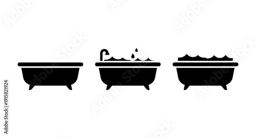 Collection of three black bathtub icons showing different stages of filling and use