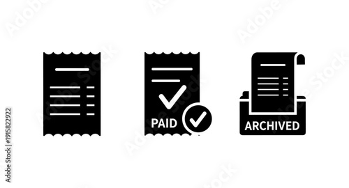 Icons representing a receipt, a paid receipt with a checkmark, and an archived receipt