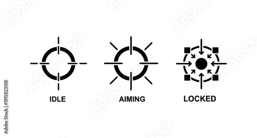 Three target reticle icons showing idle, aiming, and locked states
