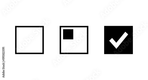 Three stages of a checkbox: empty, partially filled, and checked with a checkmark