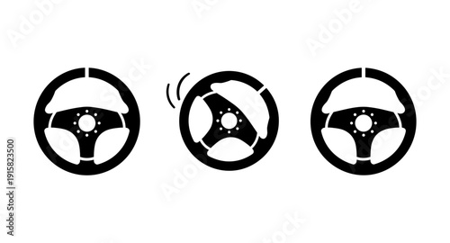 Set of three steering wheel icons showing different stages of turning and control