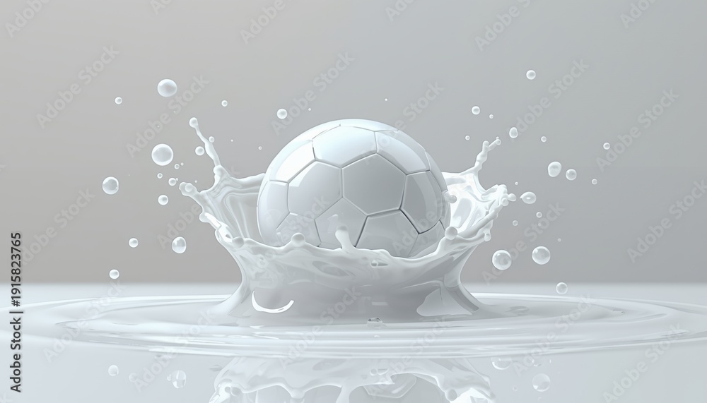 Naklejka premium A white soccer ball makes a splash in a pool of water with ripples and bubbles