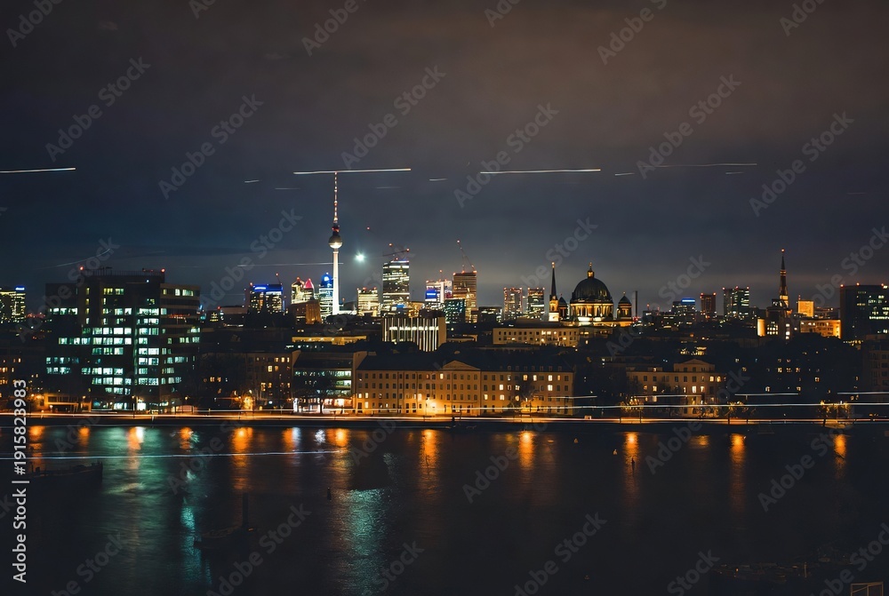 Fototapeta premium Panoramic view of berlin's illuminated skyline and tv tower reflecting on the spree river at night