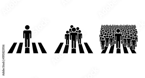 Pedestrian crossing icons showing increasing crowd density from one person to a large group