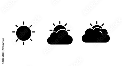 Set of simple black weather icons showing sun and clouds in different combinations