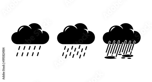 Set of three black cloud icons depicting different intensities of rainfall and puddles