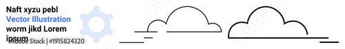 Weather design, tech branding, abstract concepts, cloud computing, minimalism, graphic templates. Outline of clouds and a gear icon next to placeholder text. Weather design and tech branding concepts
