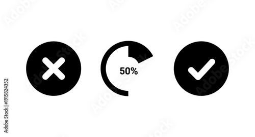 Set of three icons: cross, progress bar, and checkmark on white background