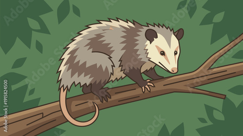 Wild Opossum on Tree Branch Vector Illustration. Cute marsupial animal climbing in forest habitat with green leaves background. Nature and wilderness concept.