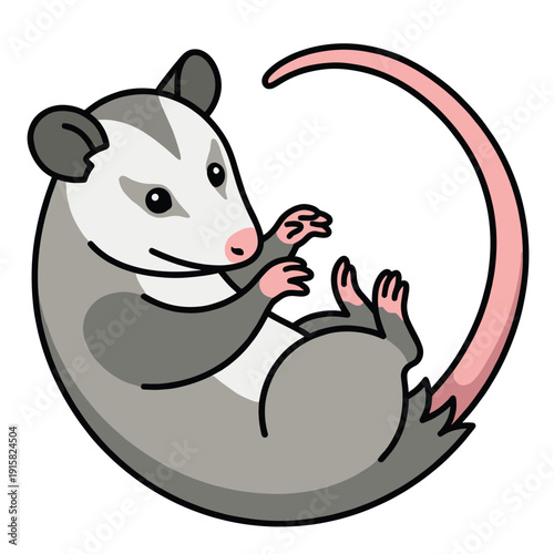 Cute Opossum Curled Up Vector Illustration. Funny marsupial animal character lying down in circle shape. Isolated cartoon mascot design logo element.