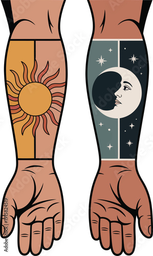 Forearm tattoo sun and moon symbols on arms with celestial body art theme