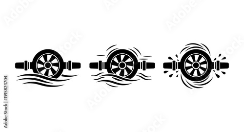 Water turbine icons showing different stages of operation and water flow