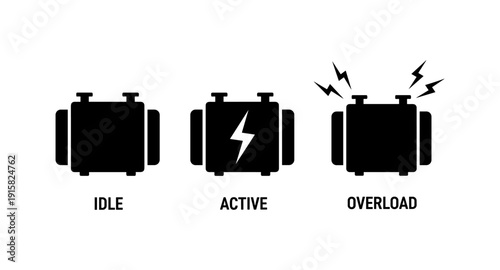 Engine status icons: idle, active, and overload with lightning bolts
