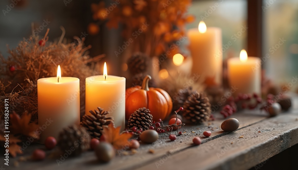 Fototapeta premium Warm autumn decoration with lit candles pinecones small pumpkin and dried leaves on wooden table. Cozy seasonal home scene creating peaceful ambiance for fall holidays and Thanksgiving celebrations.