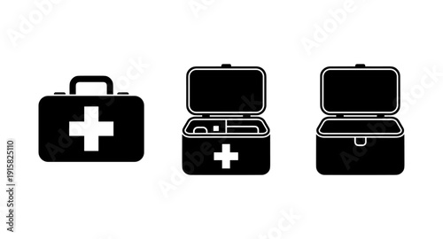 Set of three black first aid kit icons showing closed, open with contents, and open empty states