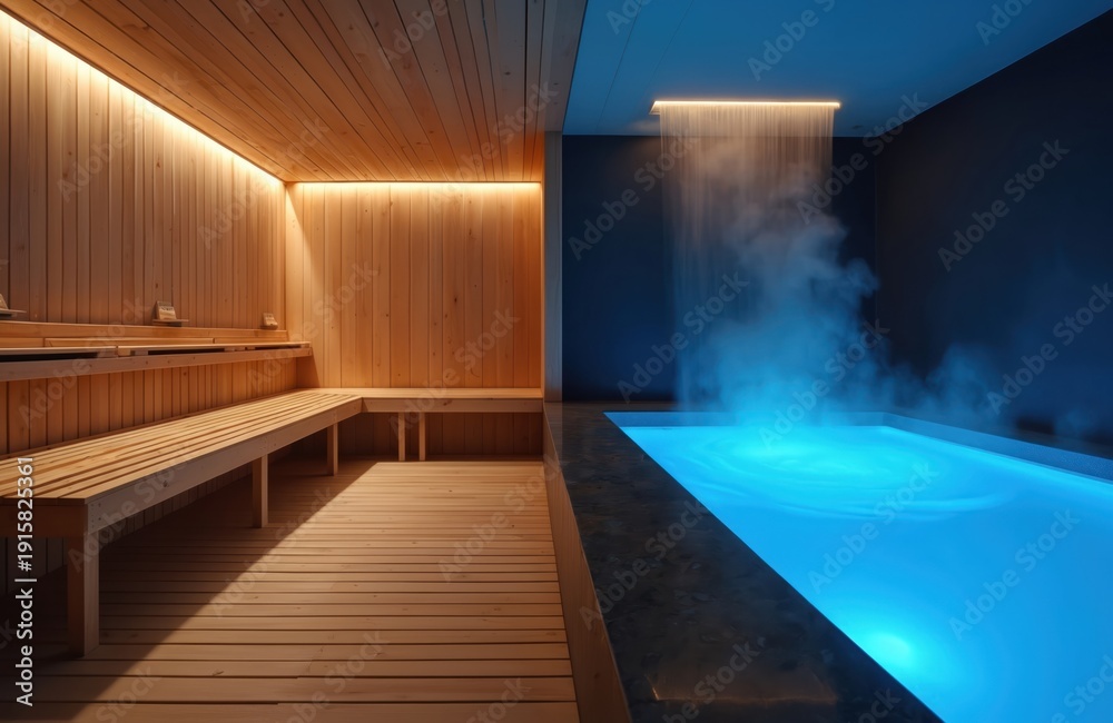 Naklejka premium Wooden sauna room with illuminated benches next to illuminated blue plunge pool with waterfall mist. Modern luxury spa offers relaxation and wellness.