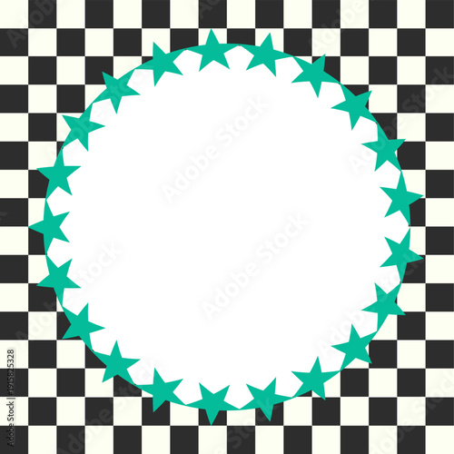 ブロックチェック背景と円形の星フレーム　白黒01