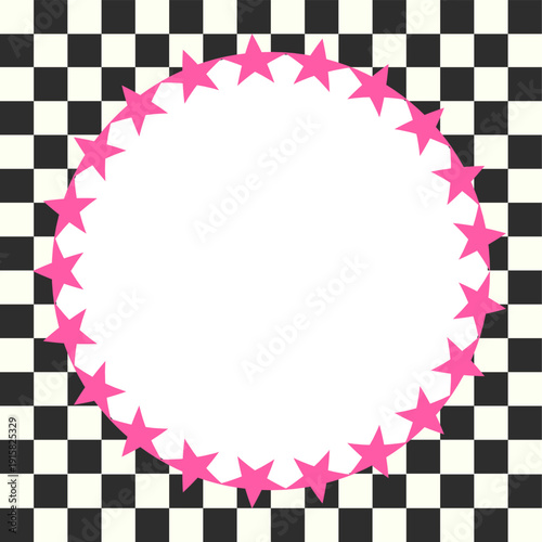 ブロックチェック背景と円形の星フレーム　白黒02