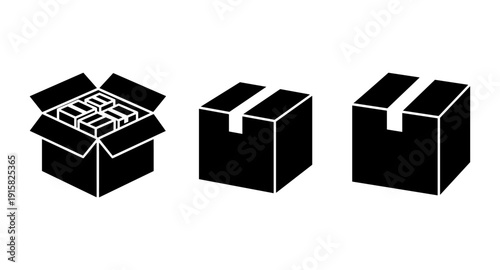 Set of three black cardboard box icons showing different stages of packing and shipping