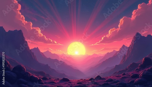 Vibrant sunrise illuminates mountain range. Pink clouds drift across bright sky. Sun rises over rocky valley. Digital art paints peaceful nature.